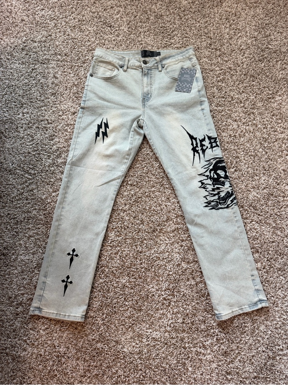 Rebel Vengeance Skull Graphic Slim Fit Jeans Light Wash Denim